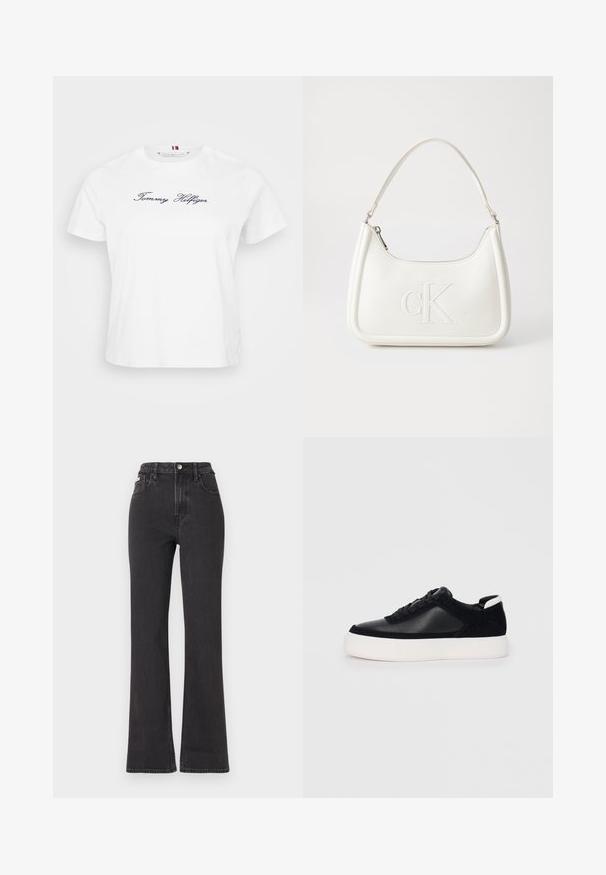 T-shirt en coton blanc à manches courtes, avec un logo brodé "Tommy Hilfiger" en bleu marine sur le devant. Col rond.; Jean noir taille haute évasé en denim, avec fermeture à bouton, passants de ceinture et poches latérales. Texture lisse avec un minimum de décoloration.; Sneaker noir avec des panneaux en cuir lisse et en daim, lacets plats, bout rond et semelle en caoutchouc blanche. Logo distinct au niveau du talon.; Sac à main en cuir blanc avec une forme courbée, arborant un logo "CK" embossé à l'avant et une seule bandoulière. Fermeture à glissière en haut.