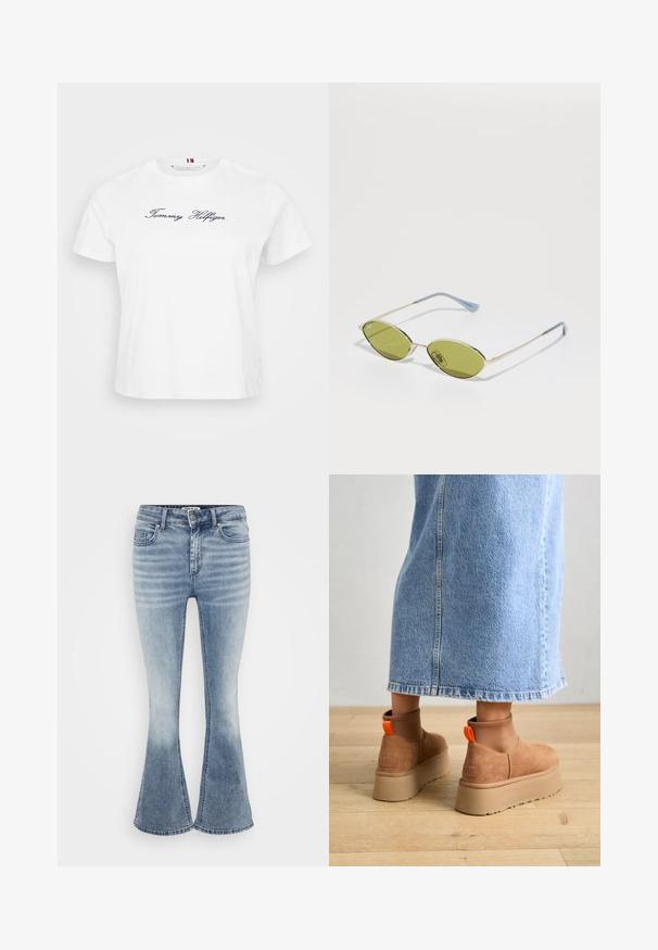 Valkoinen puuvillat-paita lyhyillä hihoilla, jossa on tummansininen brodeerattu "Tommy Hilfiger" -logo edessä. Pyöreä pääntie.; Vaaleansiniset liehuvat farkut, jotka on valmistettu denimsystä, ja niissä on klassinen viiden taskun muotoilu, etuvetoketju ja hienovarainen haalistuminen reiden kohdalla.; Ruske mokasine z platformo in elastiko na straneh ter oranžnimi zategovalnimi trakovi, v kombinaciji z osnovno dolžino svetle denim krila na lesenem podu.; Aurinkolasit oliivinvihreällä värillä, ohuella kultakehyksellä ja sinisillä yksityiskohdilla varustetuilla penseillä. Soikeat linssit ja minimalistischinen muotoilu.