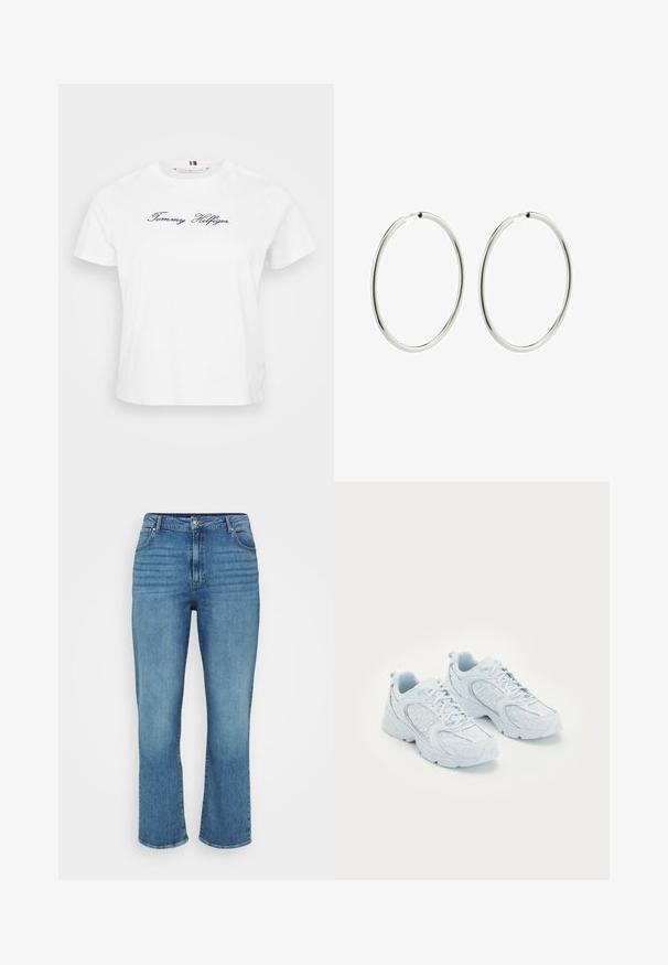 T-shirt bianco in cotone a maniche corte, con il logo ricamato "Tommy Hilfiger" in blu navy sul davanti. Collo rotondo a giro.; Jeans in denim azzurro chiaro con design a gamba dritta, dotati di cinque tasche, passanti per cintura e leggero sbiadimento sul davanti.; Scarpe da ginnastica di colore azzurro chiaro con una tomaia in rete e sintetico, caratterizzate da pois bianchi e dettagli riflettenti, design con lacci e suole imbottite.; Orecchini a cerchio in argento con una finitura liscia e lucida. Forma circolare, larghezza costante, progettati per un facile fissaggio. Semplici ed eleganti.