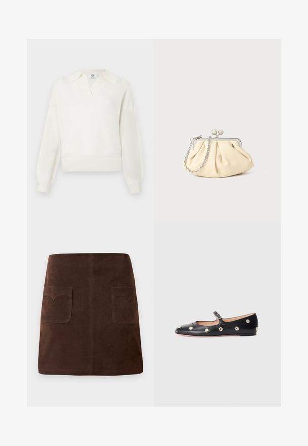 Pull en tricot blanc avec un décolleté en V et un col surdimensionné. Présente un ourlet et des poignets côtelés. Texture douce avec une coupe décontractée.; Jupe en suède marron présentant une silhouette A-line classique, deux poches avant avec des rabats arrondis et des détails de couture discrets.; Chaussure plate en cuir noir type Mary Jane avec un bout arrondi, ornée de clous ronds en argent et dotée d'une sangle réglable avec une boucle.; Pochette en cuir beige plissé avec un cadre en métal argenté, dotée de deux fermoirs ronds décoratifs et d'une chaîne en argent.