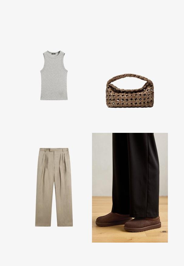 Grijze mouwloze tanktop van een zachte, lichte stof. Heeft een ronde halslijn en een strak, minimalistisch ontwerp zonder patronen of accenten.; Beige linnen broek met een losse pasvorm, voorzien van dubbele plooien aan de voorkant, een platte tailleband en rechte pijpen. Glad textuur, minimalistisch ontwerp.; Bruine suède pantoffels met een rubberen zool, voorzien van oranje stiksel langs de kraag, gecombineerd met zwarte broeken op een houten vloer.; Geweven bruine handtas met een rechthoekige vorm, gestructureerd handvat en een textuurrijk oppervlak. Heeft een gesloten bovenkant en een ingewikkeld vlechtpatroon.