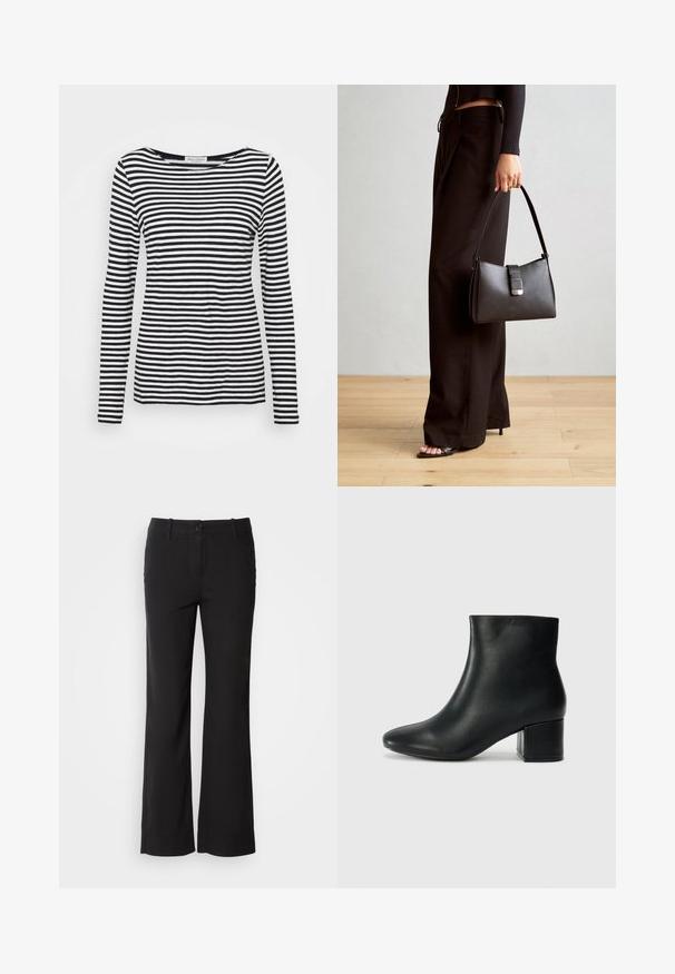 Langærmet T-shirt med rund hals, prydet med et sort-hvidt stribet mønster. Fremstillet af blødt stof med regular fit. Renset, minimalistisk design.; Sorte bomuldsblandede bukser med lige ben-design, frontknaplukning og to sidelommer. Glat tekstur, ingen synlige mønstre.; Sorte læder ankelstøvler med spids tå og en kraftig hæl. Glat tekstur med minimale detaljer og et slankt, tætsiddende design.; Sort håndtaske med struktureret form, glat overflade og metalspænde. Sammen med brede sorte bukser og sandaler med åben tå på trægulv.