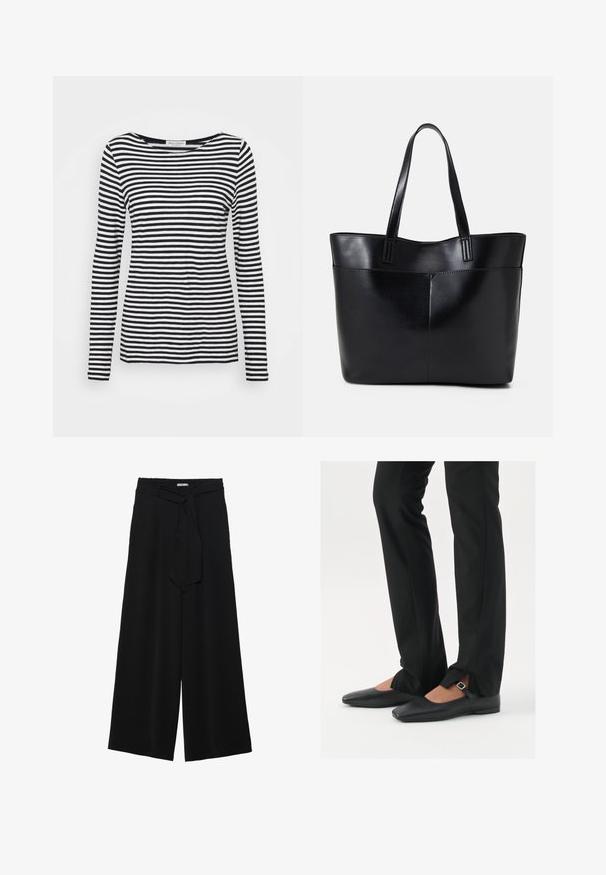 Langermet, rundhalset skjorte med et svart og hvitt stripete mønster. Laget av myk stoff med normal passform. Ryddig, minimalistisk design.; Svart vide bukser med teksturert stoff, elastisk midje og avtagbart belte som gir justerbar passform.; Svart skinnballett-sko med spiss tå, stropp med sølvspenne, kombinert med svarte skreddersydde bukser med splitt i kanten.; Svart lær toteveske med to lange håndtak, en glatt tekstur og en strukturert form. Har en frontlomme for ekstra oppbevaring.