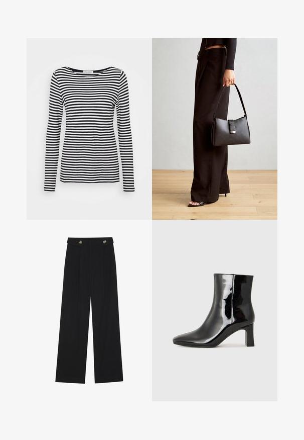 Langermet, rundhalset skjorte med et svart og hvitt stripete mønster. Laget av myk stoff med normal passform. Ryddig, minimalistisk design.; Svart vide bukser med høy midje, knappdetaljer på midjebåndet og frontplisser.; Sorte patentlær ankle boot med spiss tå og en mellomhøy blokkhelt. Glatt tekstur og minimalistisk design.; Svart håndveske med strukturert form, jevn tekstur og metallisk lås. Kombinert med brede svarte bukser og sandaler med åpen tå på tregulv.