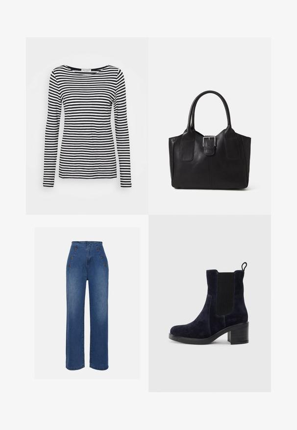 Majica z dolgimi rokavi in okroglim izrezom, ki se ponaša s črno-belim črtastim vzorcem. Narejena iz mehkega materiala z običajnim krojem. Čist, minimalističen dizajn.; Hlače iz jeansa z visokim pasom v srednje modri barvi. Imajo okrasne gumbe spredaj in širok kroj. Tkanina ima gladko teksturo z rahlim zbledelostjo.; Temno modre semiš čevlje do gleženj z elastiko na strani, okroglo konico in blokastim peto. Tekstura tkanine in gladek podplat dodajata kontrast.; Črna usnjena torba s gladko teksturo, strukturirano obliko, dvema ročkama in izrazitim srebrnim sponko na sprednji strani.