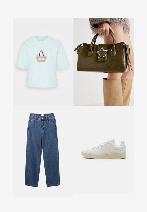 Gaiši zils īsām piedurknēm T-krekls ar izšūtu groza dizainu ar ziediem un tekstu "HELLO SUNSHINE". Kokvilnas materiāls, brīvas formas.; Klasiskie zili džinsi ar taisnu kāju dizainu, pieciem kabatām un pogu aizdari. Iezīmējas ar vidēju mazgāšanu un izturīgu tekstūru.; Baltas ādas sporta apavi ar perforētu purngalu, kontrastējošu beigu gumijas zoli un logotipa akcentiem sānos un papēžā. Minimālisma dizains.; Olive zaļš mākslīgās ādas rokassomu ar sudraba zvaigznes akcentu, divām rokturiem un rāvējslēdzēja aizdari. Strukturēta forma un teksturēta virsma.