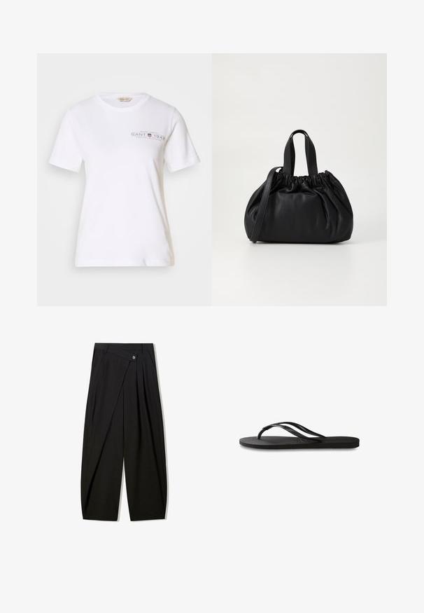 T-shirt bianco in cotone con maniche corte, collo rotondo, caratterizzato da un logo e testo stampati grigi scuri sulla parte anteriore. Texture liscia.; Pantaloni neri a gamba larga realizzati in tessuto morbido, con pieghe frontali, chiusura con bottone e un design sartoriale per una silhouette ben definita.; Infradito neri con suola in gomma testurizzata, due cinghie sottili e un sottile dettaglio del logo impresso sulla cinghia.; Borsa a tracolla in pelle nera con design a cima arricciata, dotata di due manici corti e di una lunga tracolla regolabile. Texture liscia, forma arrotondata.