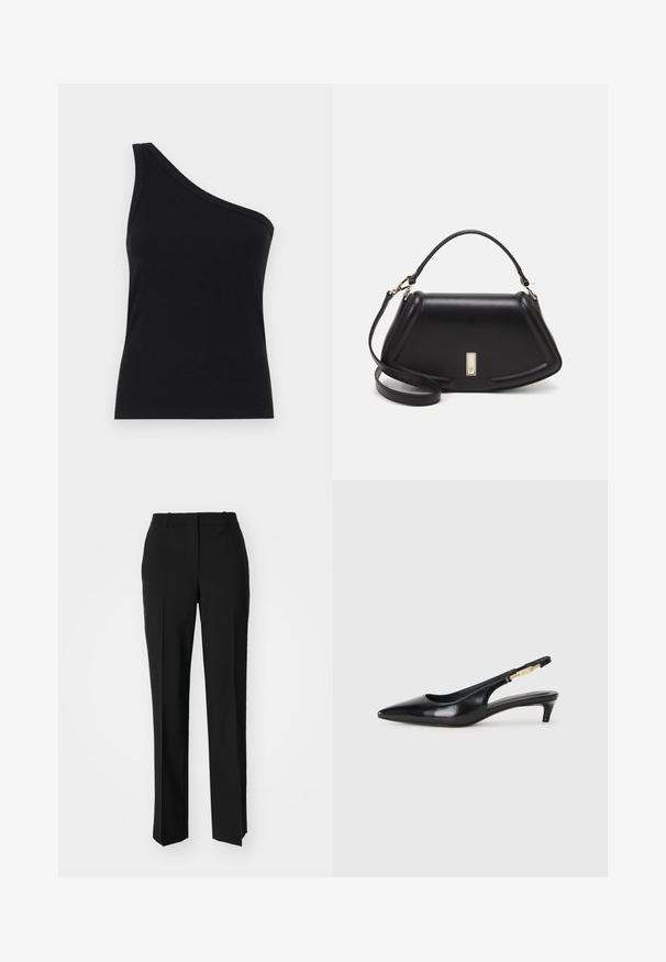 Čierny rebrovaný top na jedno rameno s priliehavým strihom a jemnou textúrou. Obsahuje čistý, minimalistický strih a hladký výstrih.; Čierne krajčírské nohavice so strihom rovného nohu, s hladkou textúrou a ostrými skladmi pozdĺž prednej časti. Žiadne viditeľné hardvér.; Čierne kožené slingback opätky s špicatou špičkou, s úzkym opätkom a zlatým detailom na nastaviteľnom remienku. Hladká textúra.; Čierna kožená kabelka so štruktúrovaným dizajnom, s krátkym tvarom, hornou rúčkou a zlatými prvkami. Súčasťou je nastaviteľný ramenný popruh.