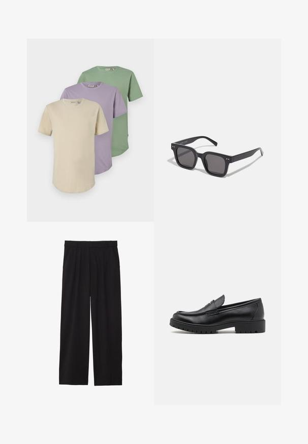 Trei tricouri cu mânecă scurtă în nuanțele crem, lavandă și verde. Realizate din bumbac moale, cu gât rotund și o croială lejeră.; Cămașă cu mânecă scurtă în carouri, bleu marin și alb, având două buzunare pe piept, închidere cu nasturi și guler clasic. Material din bumbac.; Pantaloni negri largi, cu un front plisat, buzunare laterale și o textură de țesătură netedă. Concepuți pentru o croială relaxată.; Mocasini din piele neagră cu vârf rotund, design slip-on și talpă groasă din cauciuc cu un grip texturat. Toc înălțat și detalii subtile de cusătură.; Ochelari de soare negri, de formă rectangulară, cu lentile închise, având un cadru gros, accente subtile pe margini și fără logo-uri vizibile în afară de numele brandului.