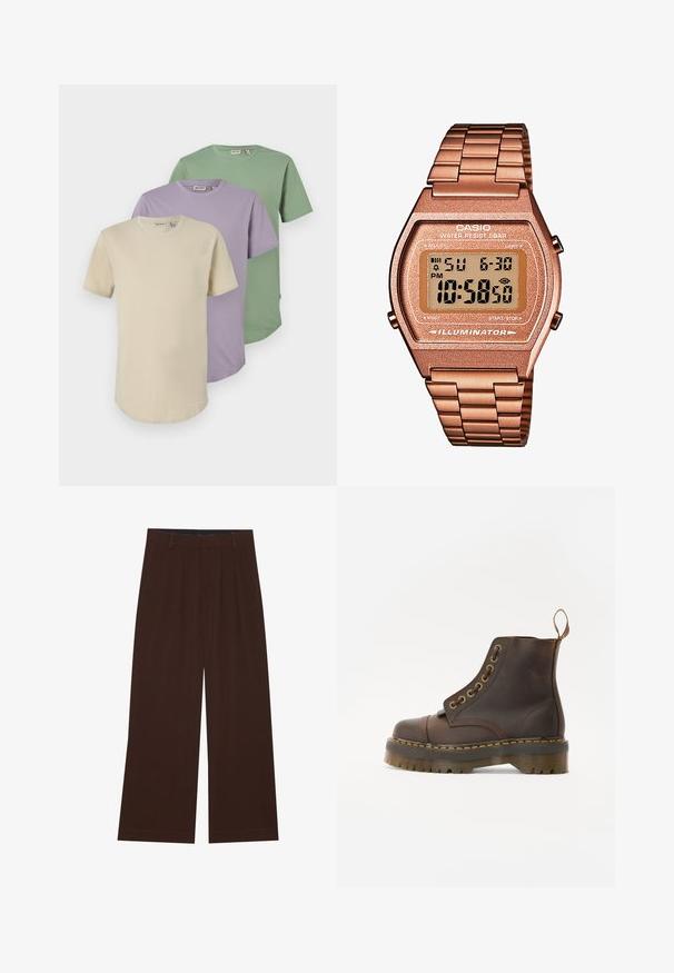 Trzy koszulki z krótkim rękawem w kolorze kremowym, lawendowym i zielonym. Wykonane z miękkiej bawełny, z okrągłymi dekoltami i luźnym krojem.; Brązowe spodnie szerokie z plisami. Wykonane z gładkiego materiału, z dopasowanym pasem i kieszeniami bocznymi. Prosty zakład na dole.; Brązowy skórzany botek do kostki z okrągłym noskiem, kontrastującym żółtym przeszyciem, dekoracyjnymi metalowymi oczkami i żłobioną gumową podeszwą.; Cyfrowy zegarek Casio z różowo-złotą metalową bransoletą, prostokątną kopertą, podświetlanym wyświetlaczem i wodoodpornością, pokazujący czas i datę.