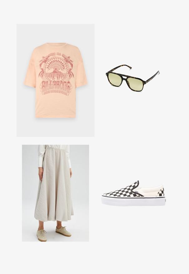 Jasno brzoskwiniowa koszulka z krótkim rękawem z czerwonym graficznym wzorem przedstawiającym palmy i słońce oraz napisem "BILLABONG", wykonana z miękkiego materiału bawełnianego.; Jasno beżowa spódnica do kolan wykonana z teksturowanej tkaniny, z elastycznym pasem, w połączeniu z beżowymi sneakersami, tworząca casualowy wygląd.; Czarno-białe buty slip-on Vans w kratkę z płóciennym wierzchem, gumową podeszwą i wyściełanym kołnierzem. Płaska, okrągła noska z białymi akcentami na podeszwie.; Słoneczne okulary w kratkę w kształcie prostokąta, z soczewkami w zielonym odcieniu i wzorzystymi ramkami z acetatu. Posiadają metalowe akcenty w pobliżu soczewek.