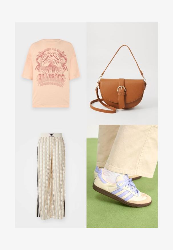 Lyhythihainen vaalean persikkaväri t-paita, jossa on punainen grafiikkasuunnittelu palmupuista ja auringosta sekä "BILLABONG"-teksti, painettuna pehmeälle puuvillalle.; Valkoiset leveälahkeiset housut, joissa on sahalaitakuvio, musta logovyötärö ja sivuilla mustat raidat. Kevyt, teksturoitu kangas.; Kermasilta ja laventelilta näyttävät lenkkarit kolmella raidalla ja teksturoidulla ruskealla pohjalla, varustettuna nauhoilla ja pehmustetulla kantapäällä. Pehmeä kangaspinta.; Ruskean nahkainen olkalaukku, jossa on kaareva muoto, kultaiset yksityiskohdat ja solkiyksityiskohta. Varustettu irrotettavalla olkahihnalla.