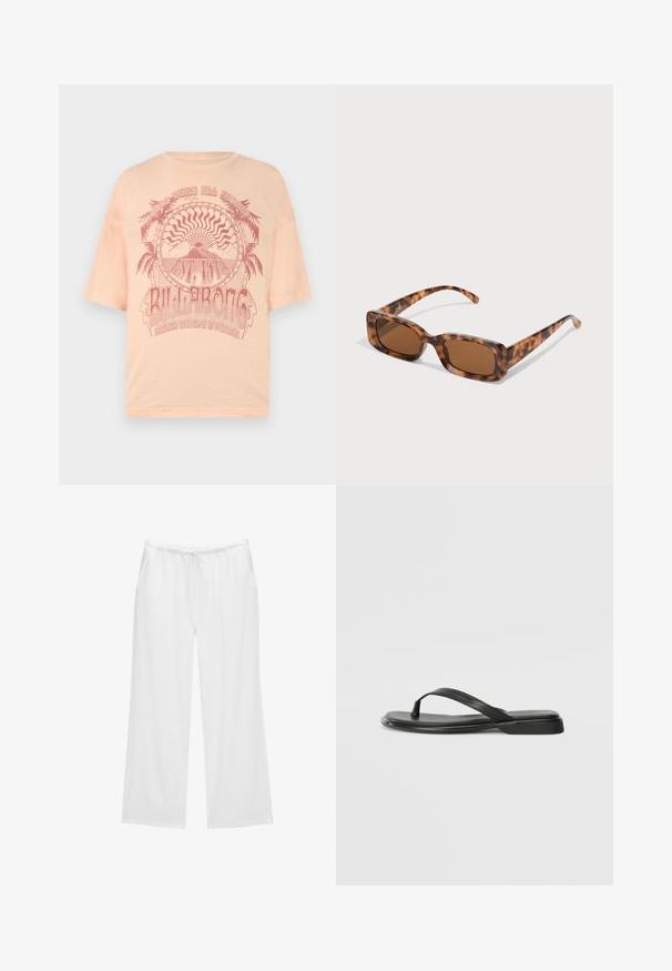 Tricou scurt cu mânecă, de culoare piersică deschisă, cu un design grafic roșu care prezintă palmieri și soare, având textul "BILLABONG" imprimat pe un material din bumbac moale.; Pantaloni albi cu picioare largi, confecționați dintr-un material moale, având o talie elastică cu șnur și două buzunare laterale. Design simplu și curat.; Sandale negre din piele netedă, cu un design cu curea subțire și o talpă plată cu un profil minimalist. Fără modele sau accente notabile.; Ochelari de soare cu rama țestoasă, cu lentile rectangulare maro, o ramă groasă și brațe subțiri, prezentând un model cu nuanțe variate de maro.; Set de brățări din metal argintiu, format din două fire de mărgele rotunde alternative cu o finisare netedă și un închizător magnetic.