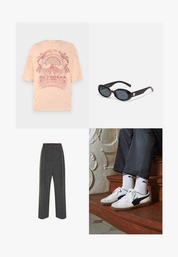 Lys ferskenfarvet t-shirt med korte ærmer, der har et rødt grafisk design af palmer og sol med "BILLABONG" tekst, trykt på blødt bomuldsstof.; Grå skræddersyede bukser med høj talje, der har pressefolder, bred benstil og en glat tekstur. Lukkes med en diskret lynlås.; Puma sneakers i hvid og sort ruskind med en brun gummisål. Bæres med hvide sokker med et sort logo og mørke bukser.; Sorte ovale solbriller med mørke linser, glansfuld plastikramme, brede arme og en lille gul accent på den ene side.