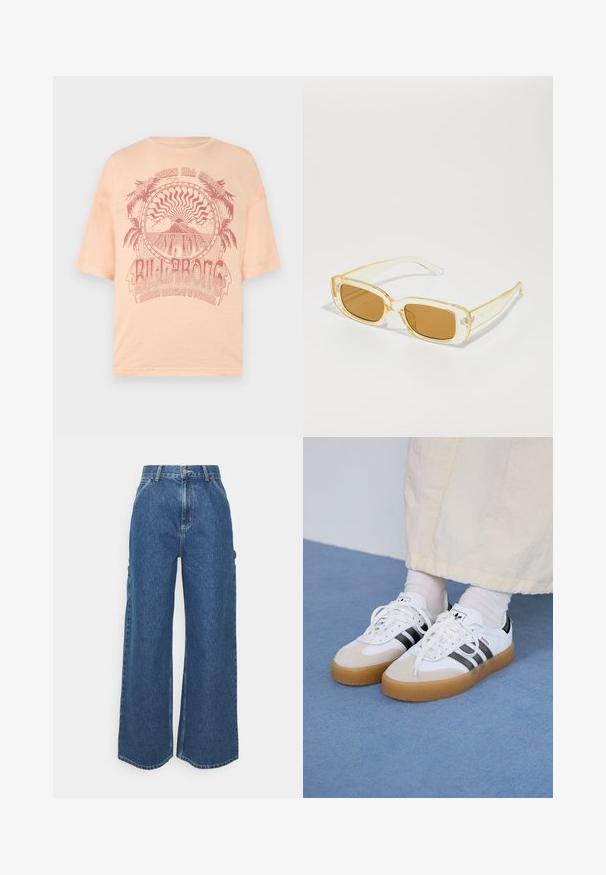T-shirt léger pêche à manches courtes avec un design graphique rouge de palmiers et de soleil, portant le texte "BILLABONG", imprimé sur un matériau en coton doux.; Pantalons en denim bleu à jambes larges avec taille haute, couture contrastée et poches latérales, présentant un design classique à cinq poches et des ourlets bruts.; Baskets blanches avec des rayures noires et des accents en daim beige. Elles présentent une semelle en gomme texturée et des lacets plats blancs, portées avec des chaussettes claires.; Lunettes de soleil rectangulaires avec des montures transparentes jaunes et des verres bruns. Les branches présentent un logo discret et une texture lisse et brillante.
