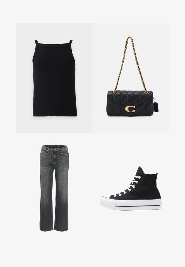 Schwarzes, geripptes Tanktop mit dünnen Trägern und taillierter Passform, das über eine glatte Textur und einen Rundhalsausschnitt verfügt.; Weite Jeans aus dunkelgrauem Denim mit klassischem Fünf-Taschen-Design, genähten Details und einem Knopfverschluss an der Taille.; Schwarze High-Top-Canvas-Sneaker mit weißen Ösen, Schnürsenkeln und Gummisohle. Verfügt über eine strukturierte Zehenkappe und schwarz-weiße Streifenakzente.; Schwarze gesteppte Handtasche mit einem goldenen Kettenriemen, die einen auffälligen goldenen Verschluss und ein kleines Etikett aufweist, das eine strukturierte Lederoberfläche zeigt.