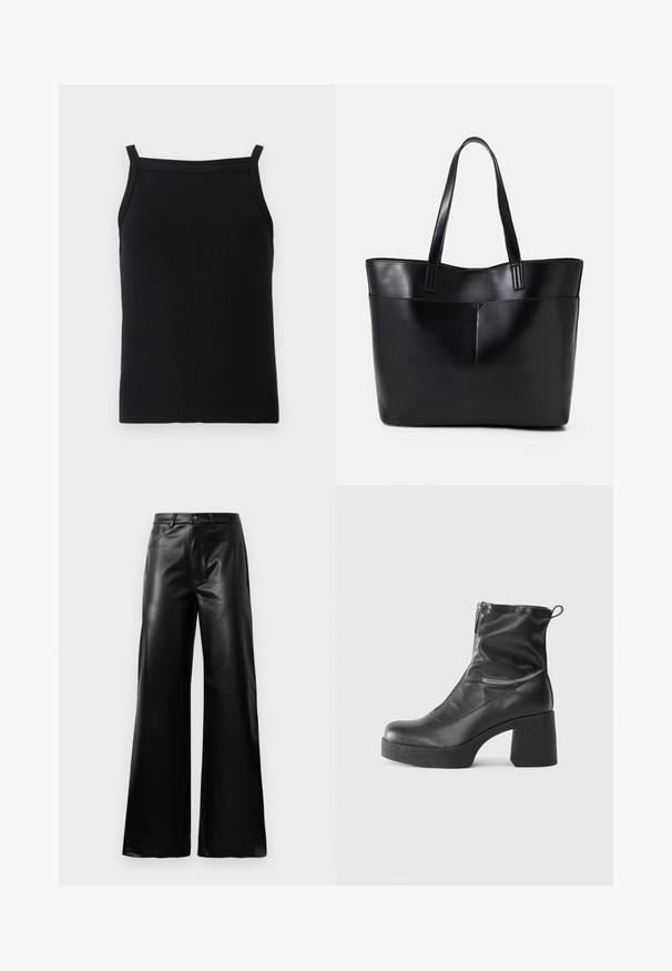 Black ribbed tank top with thin straps and a fitted design, featuring a smooth texture and a scoop neckline.; Black high-waist wide-leg faux leather pants with front button, zip closure, belt loops, and side pockets on white background.; Black ankle boots made of smooth leather, featuring a side zipper, chunky textured heel, and rounded toe design.; Black leather tote bag with two long handles, a smooth texture, and a structured shape. Features a front pocket for additional storage.
