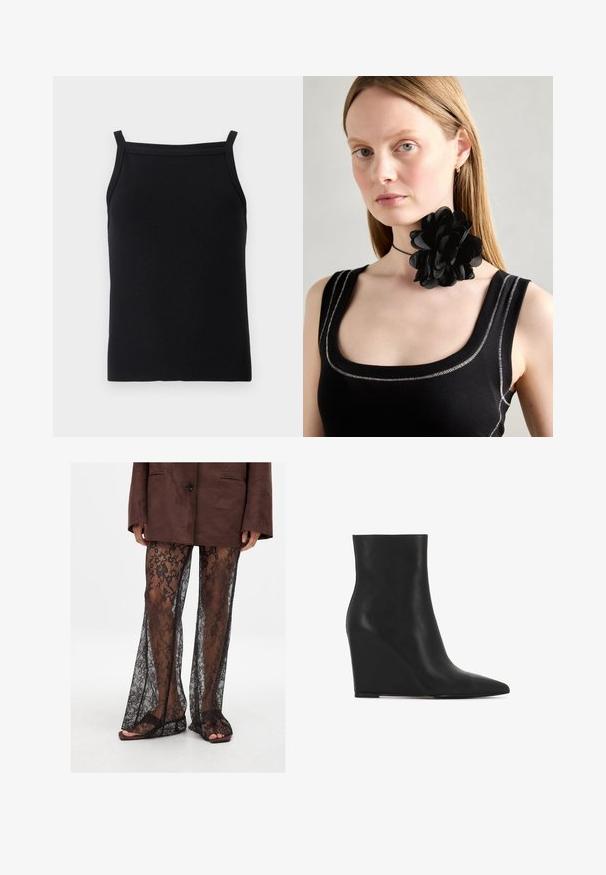 Zwarte geribbelde tanktop met dunne banden en een aansluitend ontwerp, met een gladde textuur en een ronde hals.; Zwarte kanten flared broeken met een bloemenpatroon, doorzichtige textuur en wijde beenopeningen, gecombineerd met bruine gemakkelijke sandaaltjes.; Zwarte enkellaars met wigvorm gemaakt van textuurleer; heeft een spitse neus en een gladde, strakke uitstraling met een afgeronde silhouet.; Zwarte bloemen choker ketting gemaakt van gelaagde bloemblaadjes, gedragen met een zwarte ribgebreide tanktop met zilveren accenten langs de halslijn en schouders.