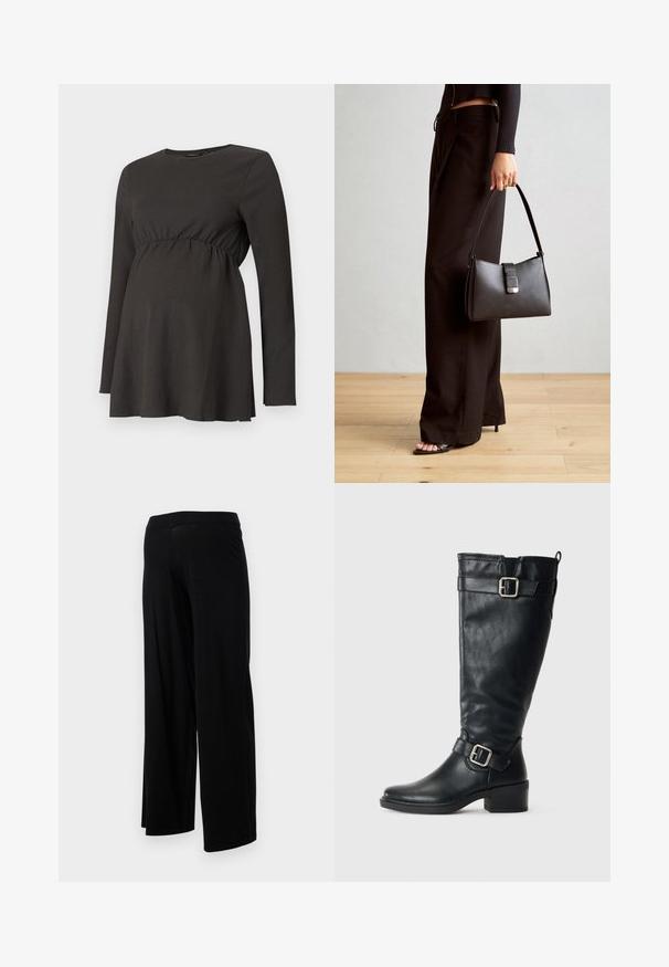 Camisola de maternidade preta de manga longa com cintura franzida e ligeira cauda abaixo do peito, feita de tecido texturado.; Calças largas pretas com uma cintura elástica e uma textura suave e elástica. Apresenta um design simples, sem padrões ou adornos.; Bota alta de couro preto com salto baixo, fivelas decorativas perto do tornozelo e na parte superior, e uma alça na parte de trás.; Bolsa preta com forma estruturada, textura suave e um fecho metálico. Combinada com calças largas pretas e sandálias de salto aberto sobre um chão de madeira.