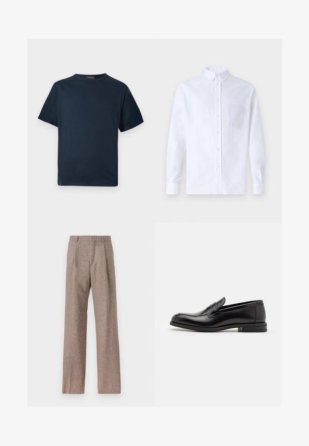 Plain navy blue short-sleeve cotton T-shirt with crew neck and subtle "Les Benjamins" logo on left chest.; White long-sleeve button-up shirt made of cotton, featuring a chest pocket with tonal embroidery, a collar, and button cuffs.; Brown, high-waisted trousers made of textured fabric. Features wide legs and two front pleats for structure. Neat finish with no visible hardware.; Black leather loafers with a smooth texture, rounded toe, and a decorative strap across the vamp. Low stacked heel, minimalist design.