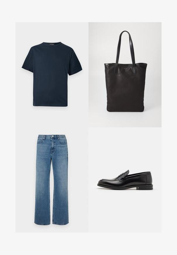 Lyhythihainen, tummansininen puuvillapaita, jossa on pyöreä kaulus ja huomaamaton "Les Benjamins" -logo vasemmassa rinnassa.; Levelederg blå jeans laget av denim med en falmet finish. Har fem lommer, glidelås foran og rett snitt.; Mustat nahkakengät, joissa on sileä pinta, pyöreä kärki ja koristeellinen nauha jalkapöydän yli. Matala pinoitu koroke, minimalistinen muotoilu.; Mustat kangaskassit mustilla nahkahandleilla. Yksinkertainen muotoilu, tilava runko ja sileä pinta. Ei näkyviä logoja tai kuvioita.