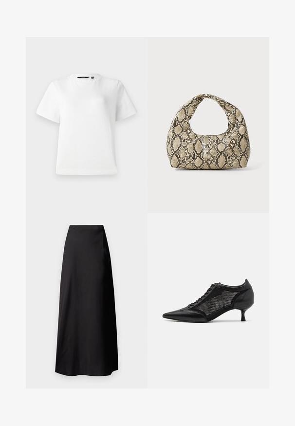 Hvit kortermet T-skjorte laget av glatt bomullsstoff, med rund hals og en avslappet passform med sømmer.; Svart sateng maxi-skjørt med en jevn tekstur, høy midje, flytende silhuett, og ingen synlige mønstre eller maskindetaljer.; Svart spiss tå-sko med meshpaneldesign, med lav hæl og snøring foran. Laget av en kombinasjon av lær og meshmateriale.; Veske med slangeskinnmønster og krummet håndtak. Laget av teksturerte, beige og brune materialer, med et særegent diamantmønster.