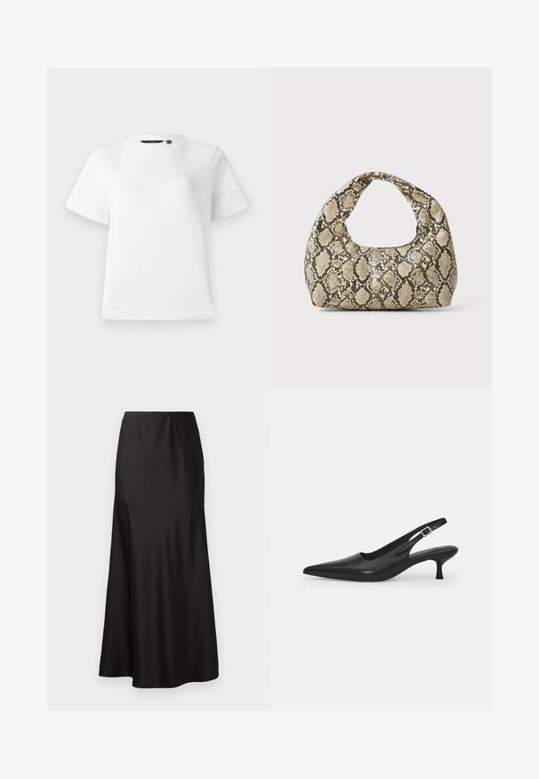 Fehér, rövid ujjú póló sima pamut anyagból, kör alakú nyakkivágással és laza szabással, varrott szegéllyel.; Fekete selyem maxi szoknya sima textúrával, magas derékkal és bővülő aljjal. Egyszerű dizájnnal rendelkezik, látható minták vagy fém részek nélkül.; Fekete bőr szandálcipő hegyes orral és karcsú, ívelt sarokkal. Diszkrét, állítható pánttal rendelkezik, fém csattal.; Kígyómintás kézitáska ívelt fogantyúval. Texturált, bézs és barna anyagból készült, jellegzetes gyémántmintával.