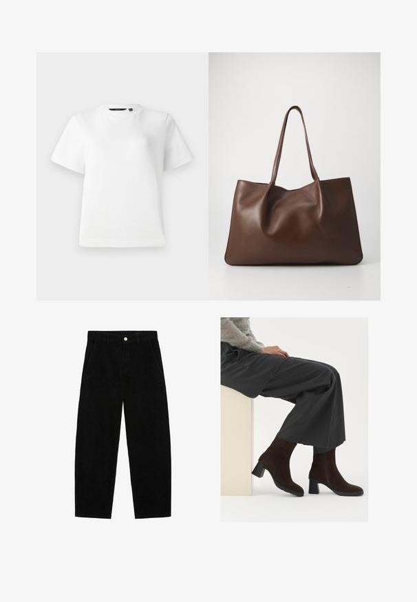 Hvid kortærmet T-shirt lavet af glat bomuldsstof, med rund halsudskæring og en afslappet pasform med syede kanter.; Sorte kordfløjspants med et bredbenet design, der har sidelommer og en lukning med frontknap. Teksturen er ribbet, hvilket giver en blød fornemmelse.; Brune ruskinds ankelstøvler med blokhæl og lynlås på siden, parret med løse grå bukser, siddende op ad en lysefarvet piedestal.; Brun læder tote bag med et blødt, slapt design. Har to lange håndtag og en glat tekstur uden synligt hardware eller mønstre.