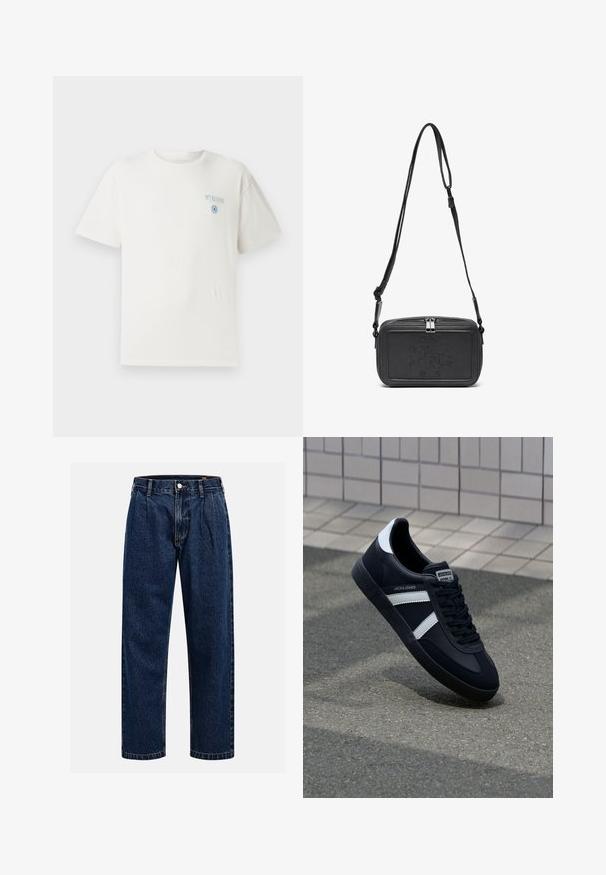 Weißes Baumwoll-T-Shirt mit Rundhalsausschnitt, kurzen Ärmeln und blauer "MYKONOS" Grafik auf der linken Brust, die ein kreisförmiges Designelement enthält.; Dunkelblaue Denim-Jeans mit geradem Bein. Mit sichtbaren Nähten, einem Knopfverschluß und Frontfalten für zusätzliche Details.; Schwarze Leder-Sneaker mit weißen Streifen, strukturiertem Gummisohle und Schnürung. Verfügt über ein Markenetikett auf der Zunge.; Schwarze Leder-Crossbody-Tasche mit einem Reißverschluss, geprägtem Logo auf der Vorderseite und verstellbarem Riemen. Glatte Textur mit rechteckiger Form.