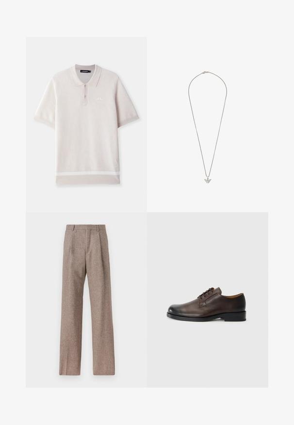 Jasnoszara koszulka polo wykonana z teksturowanej tkaniny, z kołnierzykiem, krótkimi rękawami, trzema guzikami i białym logo na piersi.; Brązowe, wysokiej talii spodnie wykonane z teksturowanej tkaniny. Posiadają szerokie nogawki i dwa przednie zakładki dla lepszej struktury. Starannie wykończone, bez widocznych elementów metalowych.; Brązowy skórzany but z zaokrąglonym noskiem, niskim obcasem, sznurowanym wzorem i gładką fakturą. Posiada minimalne przeszycia i polerowane wykończenie.; Emporio Armani - Naszyjnik