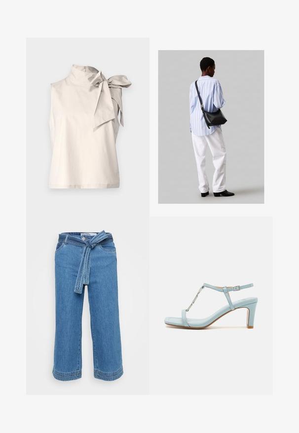 Vero Moda Petite VMSOLONA - Tops - pumice stone; Gai zila džinsu kulotu bikses ar savilkta jostu, platām kājām un izsistām malām. Ar kabatām un nedaudz izbalējušu struktūru.; Gaiši zilas potīšu siksniņu augstpapēžu sandales ar kvadrātveida purngalu, kurām ir metāliska akcenta detaļa un gluda, gluda ādas tekstūra.; Melna ādas plecu soma ar mīkstu tekstūru, trīsstūra formu un regulējamu siksnu, apvienota ar gaiši zilu svītrotu krekli un baltām biksēm.