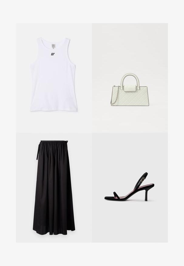 White cotton tank top with a round neckline and medium-width straps. Features a small black logo on the chest area. Smooth texture.; Black maxi skirt with a gathered waistband, featuring tie details and a flowing design made of smooth fabric. No patterns or accents visible.; Black suede women's high-heeled sandal with slim straps and a gold buckle on a white background, side view.; Quilted white handbag with a structured design, top handle, detachable chain strap, and a raised logo on the clasp.