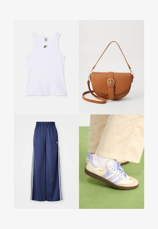 Valge puuvillane lühikeste varrukatega särk ümmarguse kaelusega ja keskmise laiusega rihmadega. Rinnapiirkonnas on väike must logo. Sile tekstuur.; Tumedate sinised laiad püksid, millel on vertikaalsed valged triibud, elastne vöökoht ja kolm valget triipu igal küljel, valmistatud kergest materjalist.; Kreemi ja lavendlivärvi tenniset, millel on kolm triipu ja tekstuuriga pruun tall, varustatud paelte ja pehmendatud kontsaga. Pehme kangast ülemine osa.; Pruun nahast õlakott, millel on kumer kuju, kullavärvi riistvara ja pandlaga kaunistus. Omab eemaldatavat õlarihma.