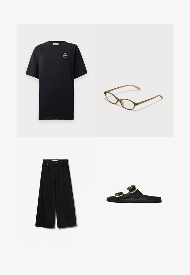 Sort kortærmet t-shirt lavet af bomuld. Har et hvidt logo på venstre brystområde. Rund hals og løs pasform. Ensartet tekstur.; Bershka WIDE-LEG - Wide leg - black; Sort skridsandal med to guldspænder, glat tekstureret materiale, flad sål og et minimalistisk design.; Brune skildpaddemønstrede briller med ovale linser, tynde arme og gennemsigtige accenter. Har et diskret logo på stangen. Slankt, let design.