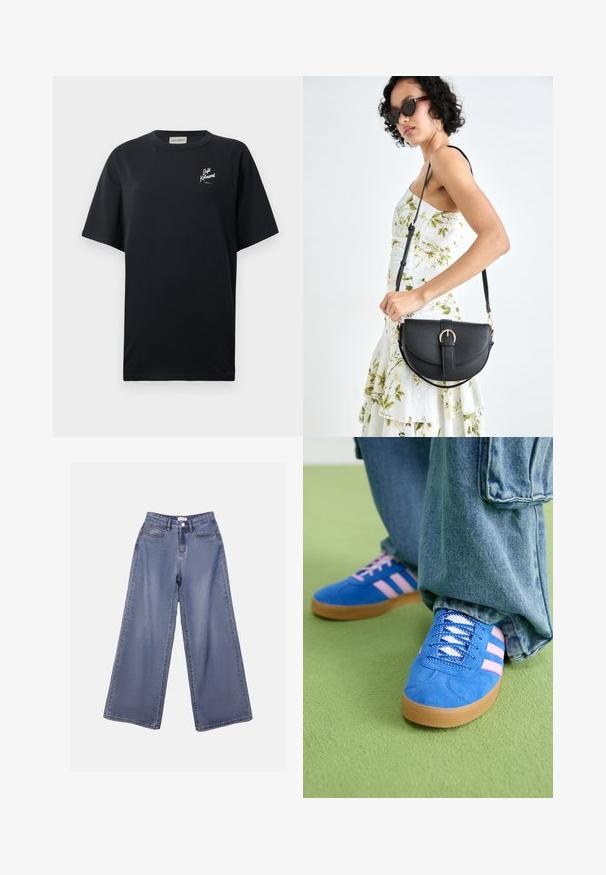 Musta lühikeste varrukatega T-särk, mis on valmistatud puuvillast. Esiküljel vasakul rinnal on valge logo. Ümar kaelus ja lõdva istuvusega disain. Tavaline tekstuur.; Laia sinise pesu laiad teksad, millel on kõrge talje, ees taskud ja nööbilukuga vöörihmade jaoks.; Sinised sametkingad roosade triipudega ja valgete paeltega, millel on kummist tallad, kombineeritud laia teksapükstega rohelisel pinnal.; Mustmust mustraha kõverate joontega, eemaldatava rihmaga ja kuldsete detailidega. Kotil on klapp, millel on pandladetail.