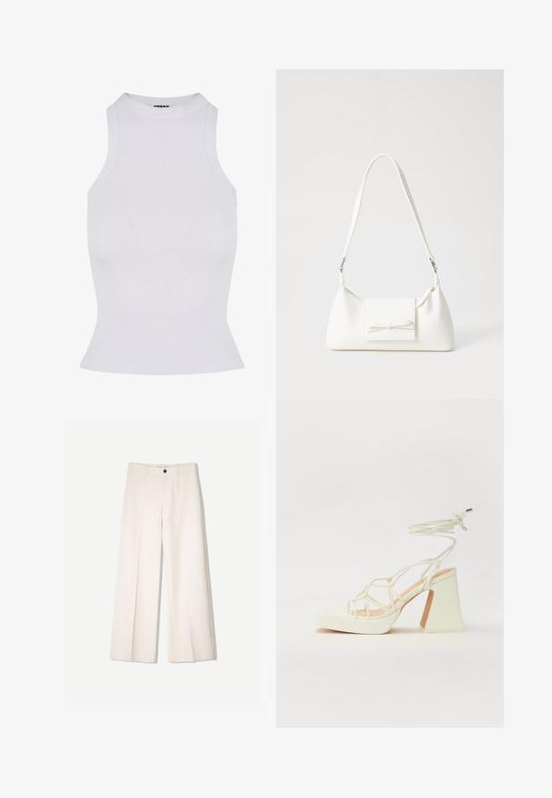 Witte geribde tanktop met hoge hals, mouwloze stijl, aangesloten pasvorm en een licht uitlopende zoom, gemaakt van rekbare stof.; Crème brede broek met een tailored ontwerp, voorzien van twee voorzakken en een enkele sluiting met een knop aan de voorkant, gemaakt van een gladde stof.; Witte hoge hakken sandaal met een chunky hak, met een bandjesontwerp en enkelband. Gladde textuur met een plateau voor extra hoogte.; Witte synthetische handtas met een driehoekige vorm, platte voorklep en strikdetail, verstelbare schouderriem, gladde textuur en minimalistisch ontwerp.