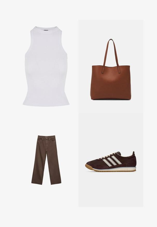Bela rebrasta majica brez rokavov z visokim ovratnikom, prilegajoča obliko in rahlo razširjenim robom, izdelana iz elastičnega materiala.; Široke rjave kavbojke iz denima, ki imajo visok pas, sprednje žepe in klasično zapiranje na gumb. Gladka tekstura s subtilnim šivom.; Nizkoprofilni temno burgundski Adidas superge z belimi črtami, kremnimi vezalkami in gumijastim podplatom, stranski pogled na enobarvni ozadju.; Rjava usnjena torba z gladko teksturo, odprto zasnovo zgoraj in dvema naramnima trakovoma. Opremljena je z minimalnim šivanjem in brez vidnih kovinskih delov.