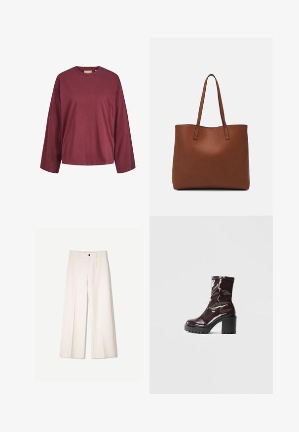 Bordeaux dolgimi rokavi bombažna majica z okroglo ovratnico, sproščenega kroja in minimalnimi šivi na manšetah in robu.; Kremne široke hlače s krojem, ki vključujejo dve sprednji žepi in en sprednji gumb za zapiranje, izdelane iz gladkega blaga.; Sijajan škrlatank z bleščečim videzom, z masivnim črnim peto, ki se ponaša z gladko teksturo in preprostim dizajnom. Brez vidnih zapenjal ali vzorcev.; Rjava usnjena torba z gladko teksturo, odprto zasnovo zgoraj in dvema naramnima trakovoma. Opremljena je z minimalnim šivanjem in brez vidnih kovinskih delov.