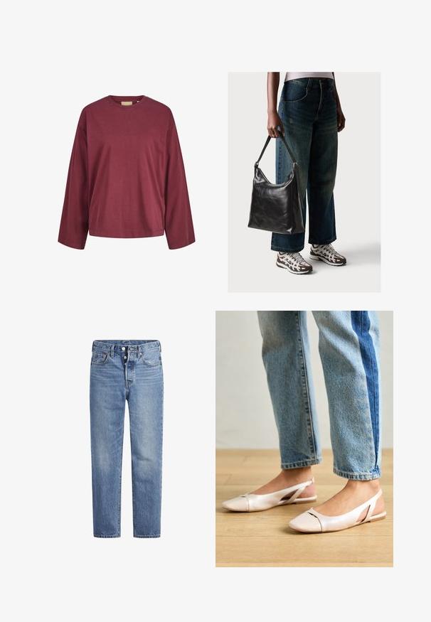 Burgundi hosszú ujjú pamut póló, kerek nyakkivágással, laza szabással és minimális varrási részletekkel az ujjakon és az alján.; Világoskék farmernadrág egyenes szabással, öt zsebes dizájnnal és gombos nyereggel. Finom kopásokkal és narancssárga varrási részletekkel rendelkezik.; Világos rózsaszín slingback laposlábú cipők, hegyes orral, sima bőrhatású anyagból készült. Oldalt kivágott részletek találhatók rajta, valamint lapos sarkú.; Fekete bőr válltáska sima textúrával és állítható pánttal, melyet elnyűtt, bő szárú farmernadrággal és sportcipőkkel párosítottak.