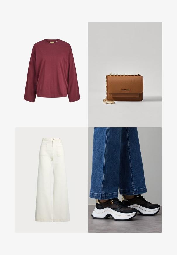 Burgundi värvi pika varrukaga puuvillane T-särk, kus on ümar kaelus, vabalt langev lõige ja minimaalsed õmblusdetailid varrukatel ja allääres.; Laiad teksad heledast denimist. Kõrge vöökoht, nööbivöö, kaks esikotitäit ja kontrastsed õmblused.; Mustad ja kuldsed tossud kumerate valgete talladega. Tekstuurse kangaga, millel on logo aktsendid. Sobitatud laia siniste teksapükstega.; Pruun tekstureeritud nahk ristkeha kott kuldse ahelaga rihmaga ja klapiga sulgemine. Esiküljel on logo detail ja tasku klapi all.