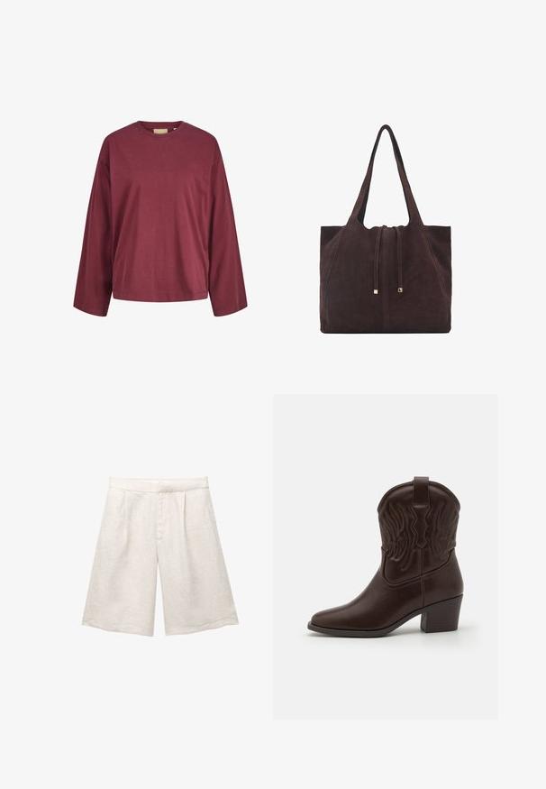 Bordo majica dugih rukava od pamuka s okruglim izrezom, opuštenog kroja i minimalnim šavovima na manžetama i rubu.; Bež lanene hlače s širokim nogavicama, s prednjim naberama i glatkim pojasom. Tkanina ima blago teksturiranu završnu obradu.; Smeđe kožne kaubojke s oštrim prstima, utisnutim krilnim uzorcima, srednje visokom blok petom i trakicom za povlačenje straga.; Mango Velika torba - dark brown