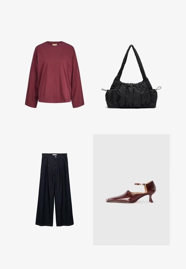 Bordo majica dugih rukava od pamuka s okruglim izrezom, opuštenog kroja i minimalnim šavovima na manžetama i rubu.; Tamno plave široke traperice visokog struka, koje imaju prednje kopčanje na dugme, dva bočna džepa i detalje šivanja.; Cipele od burgundske lakirane kože s izduženim vrhom, remenom oko gležnja i stabilnom potpeticom od 5 cm. Glatka tekstura i minimalistički dizajn.; Crna torba od tkanine s naboranom teksturom, dva remena za nositi na ramenu i kaišem za zatvaranje sa strane. Glatki, lagani materijal.