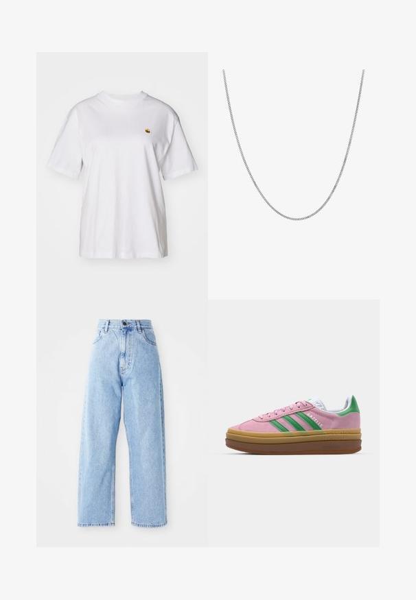 White cotton t-shirt with a relaxed fit, short sleeves, and a small embroidered logo on the left chest area.; High-waisted light blue denim jeans with straight wide legs, front button, zipper closure, and front and back pockets.; Pink suede sneakers with green stripes, white accents, and a brown rubber sole. Features textured fabric and logo detailing on the side.; Silver chain necklace with a smooth, round flat link design. Features a shiny finish and measures approximately 20 inches in length.
