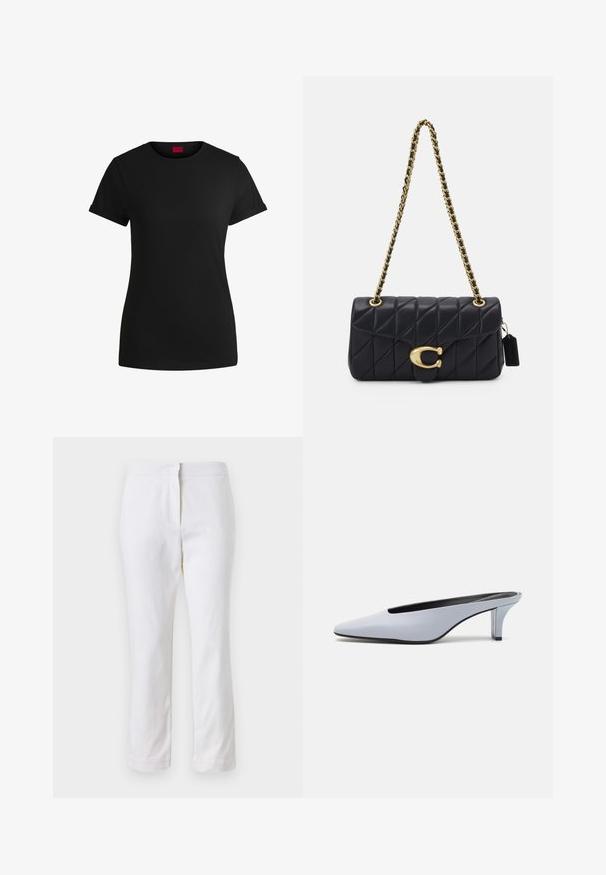T-shirt de algodão preto com mangas curtas enroladas, decote redondo e um rótulo vermelho. Textura suave, forma ajustada com detalhes mínimos.; Calças de algodão brancas com um design de perna reta, apresentando uma cintura de altura média e sem hardware ou padrões visíveis. Textura suave por toda a peça.; Mule de pele patente azul claro com bico alongado, salto baixo transparente e um design elegante com um recorte no vamp.; Mala acolchoada preta com uma alça de corrente dourada, apresentando um fecho dourado distinto e uma pequena etiqueta, exibindo uma superfície de couro texturizada.