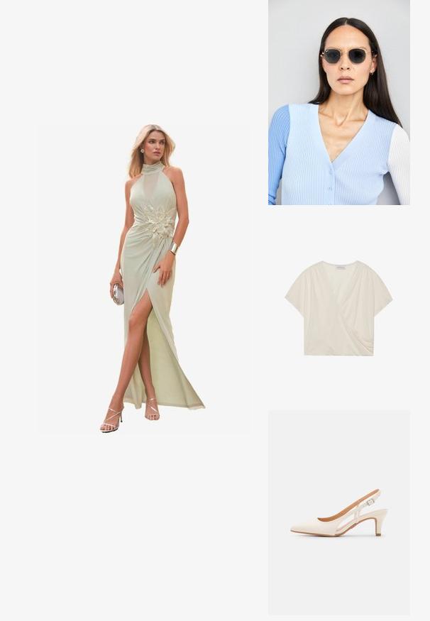 Top de color crema, tipo wrap, con mangas cortas, hecho de una tela suave. Presenta un escote en V y un detalle de fruncido lateral para un ajuste favorecedor.; Vestido verde menta con cuello halter, detalles de malla, diseño floral embellecido, abertura alta y tejido fluido, combinado con accesorios plateados.; Zapato de tacón de tirantes blanco con punta afilada, material superior liso, tacón bajo y diseño con corte lateral con correa ajustable.; Gafas de sol redondas con lentes oscuros y montura dorada. El modelo lleva un cárdigan de canalé azul claro con botones y mangas blancas en contraste.; Monedero de muñeca Michael Kors en lona recubierta beige que presenta un patrón repetido del logo MK, herrajes dorados y una correa de cadena desmontable.