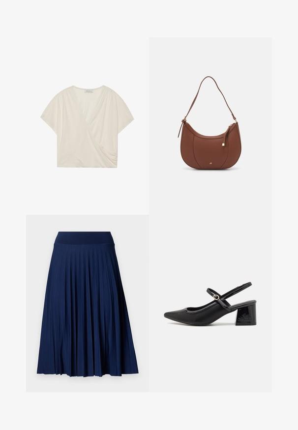 Béžový zavinovací top s krátkymi rukávmi, vyrobený z mäkkej látky. Má výstrih do V a detail riasenia na boku pre zvýraznenie postavy.; Námornícka plisovaná sukňa so širokým pásom, vyrobená z hladkej tkaniny. Obsahuje vertikálne plisovanie a siaha do polovice lýtok.; Čierne lakované kožené lodičky so slingback dizajnom, špicatou špičkou, zaobleným výrezom a blokovým podpätkom. Obsahuje akcent zlatého tónu s prackou.; Hnedá umelá kožená taška cez rameno s zakriveným tvarom, minimalistickým šitím a zlatými akcentami. Obsahuje zips na vrchu a nastaviteľný popruh.
