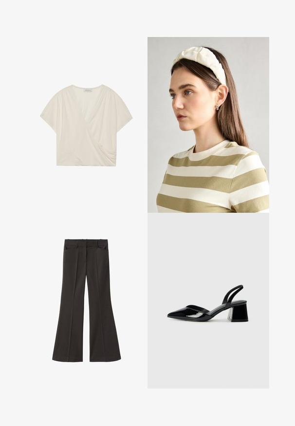 Kremasti wrap top s kratkim rukavima, napravljen od mekanog materijala. Sadrži V-izrez i detalj nabiranja sa strane za laskav fit.; Crne široke hlače s visokim strukom; sadrže dva prednja džepa i glatku teksturu materijala. Pogodne za razne prigode.; Crne lakirane kožne sandale s otvorenom petom i špicastim vrhom, s geometrijskom blok petom. Imaju elegantan, minimalistički dizajn i glatku teksturu.; Kremasta podstavljena trakica za glavu s uvijenim dizajnom, uparen s bež i bijelom prugastom majicom s okruglim izrezom. Suptilni dodaci nakita.