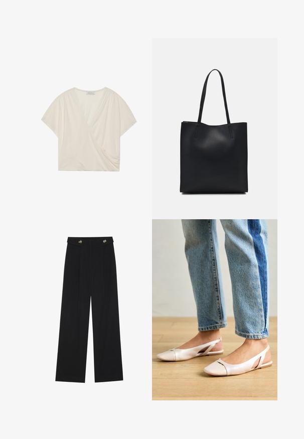 Top envolvente de cor creme com mangas curtas, feito de tecido suave. Apresenta um decote em V e detalhes de franzido lateral para um ajuste lisonjeiro.; Calças largas pretas com cintura alta, detalhes em botão na cintura e pregas frontais.; Sapatilhas slingback de cor rosa pálido com bico fino, feitas de um material semelhante a couro liso. Apresentam detalhes recortados nas laterais e um salto plano.; Bolsa tote preta em couro com textura lisa, forma retangular e duas alças longas. Sem hardware ou enfeites visíveis.