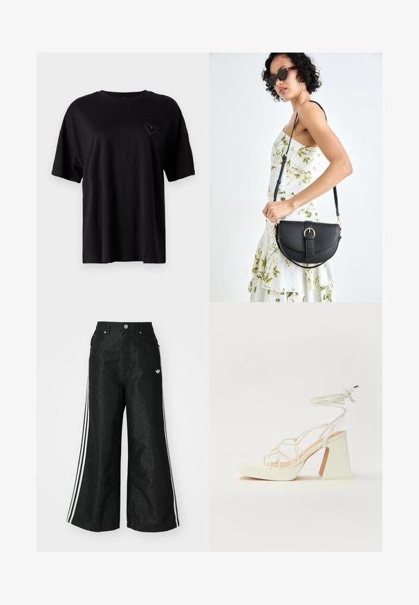 Čierne bavlnené tričko s krátkymi rukávmi, uvoľnený strih, okrúhly výstrih, s diskrétnym dizajnom vyšitým v tvare srdca na ľavej strane hrude.; Čierne džínsy s širokým strihom, s tromi bielymi pruhmi po stranách a malým bielym logom. Obsahujú predné vrecká a zapínanie na gombík.; Biele sandále na vysokom opätku s hrubým podpätkom, s pruhovaným dizajnom a viazaním na členku. Hladký povrch s platformou vpredu pre zvýšenú výšku.; Čierna kožená kabelka s zaobleným tvarom, odnímateľným popruhom a zlatými doplnkami. Kabelka má klopu s detailom s prackou.