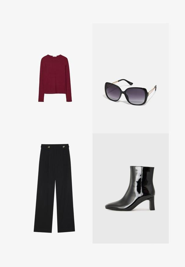 Burgundowa bluzka z długim rękawem i okrągłym dekoltem, wykonana z miękkiego materiału. Posiada dopasowany krój i prosty dół. Brak widocznych wzorów lub akcentów.; Czarne szerokie spodnie z wysokim stanem, z detalami w postaci guzików na pasku oraz plisami z przodu.; Czarne lakierowane botki za kostkę z wysmukłym noskiem i średniej wysokości obcasem w kształcie słupka. Gładka tekstura i minimalistyczny design.; Czarne oversize okulary przeciwsłoneczne z gradientowymi soczewkami, grubymi oprawkami i złotym łańcuszkiem na ramionach.; PULL&BEAR - Torba na zakupy